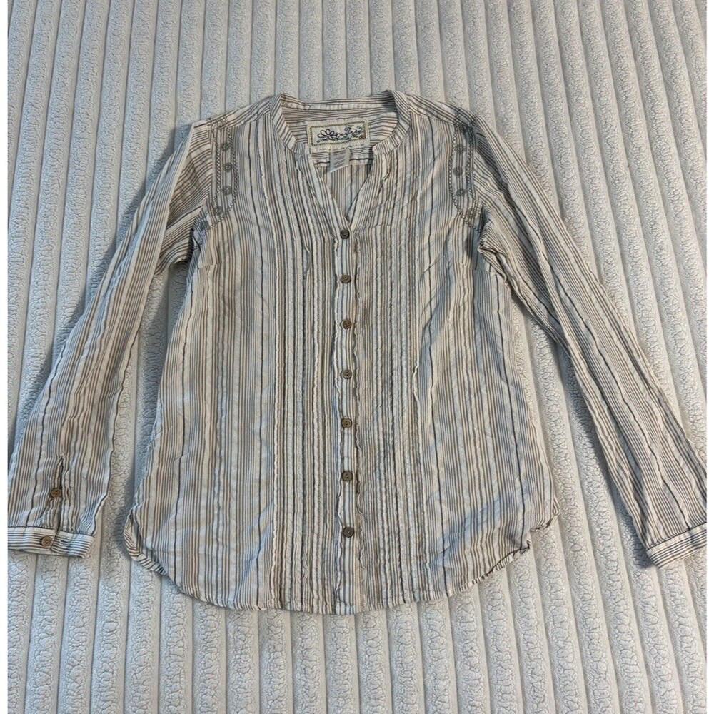 Aventura crinkle cotton button up stripe embroidered shirt women’s medium brown